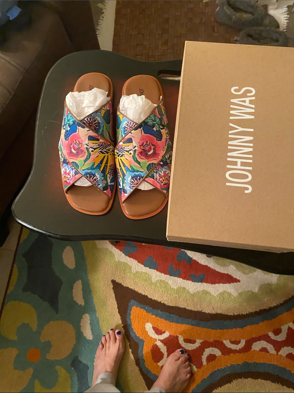 Johnny Was Floral Cross-Over Slide Sandals - Pink, Blue, Yellow